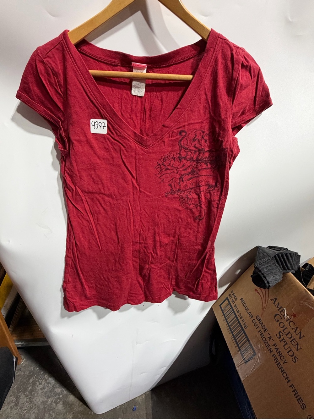 #4397-Billabong Women's Red V-Neck Short Sleeve Tee with Subtle Print